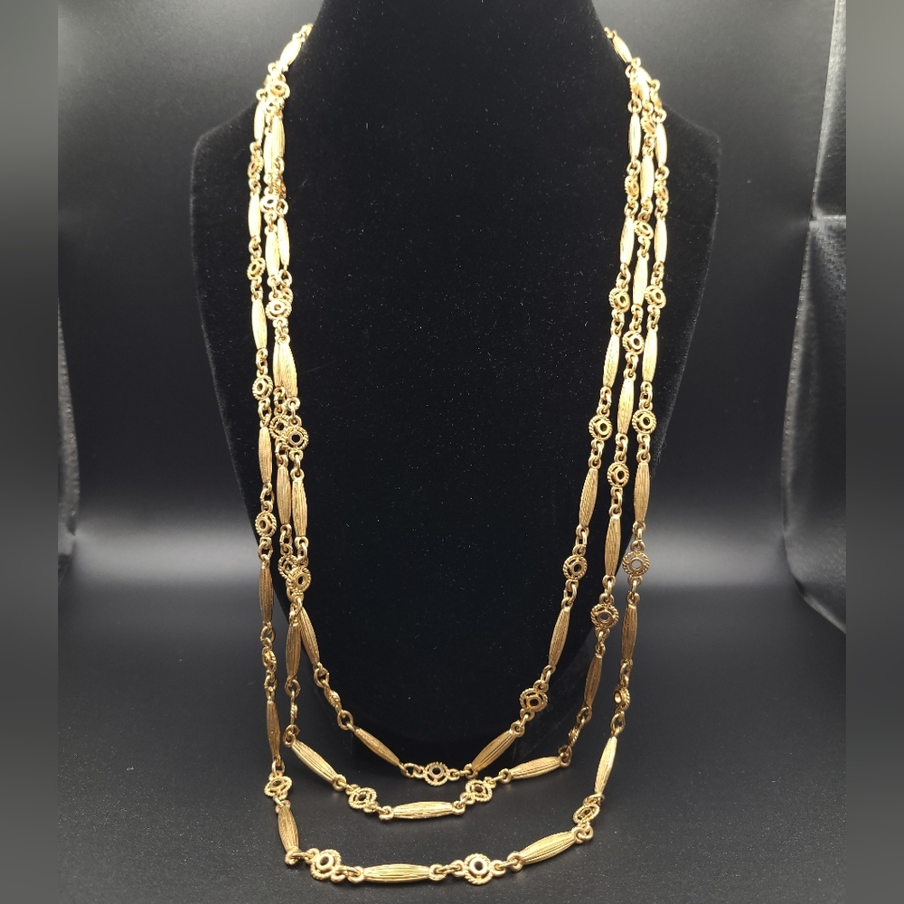 Gold Layered Chain Necklace 3 Tier Vintage Style Statement